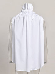 Buttoned Drawstring Pleated Solid Color Loose Sleeveless Stand Collar Vest Top