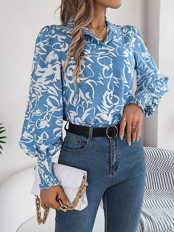 Buttoned Contrast Color Elasticity Flower Print Long Sleeves Loose Lapel Blouses&shirts Tops