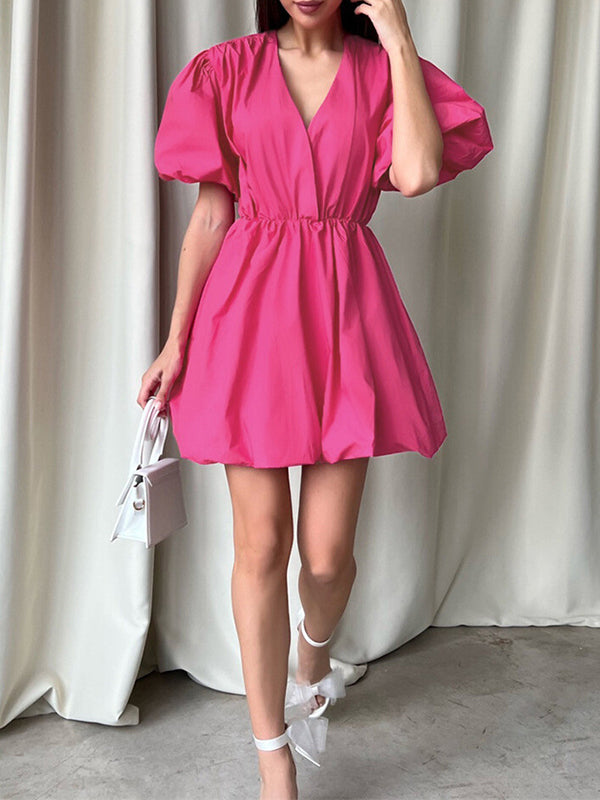 Pleated Solid Color Split-Joint Loose Puff Sleeves V-Neck Mini Dresses