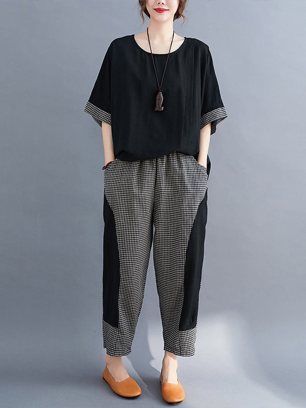 Plaid Split-Joint Asymmetric T-Shirt&Pants Suits