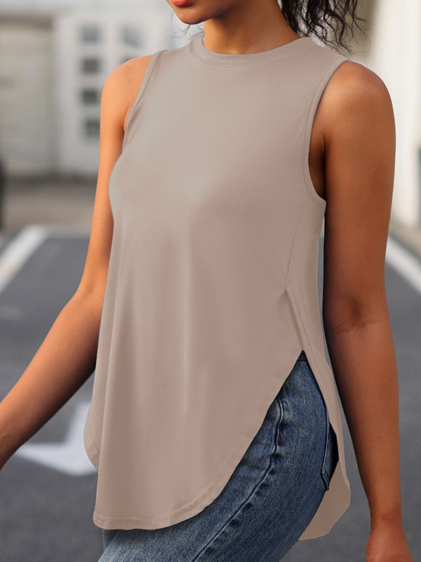 Solid Color Split-Side Loose Sleeveless Round-Neck Vest Top Cover-Ups Tops
