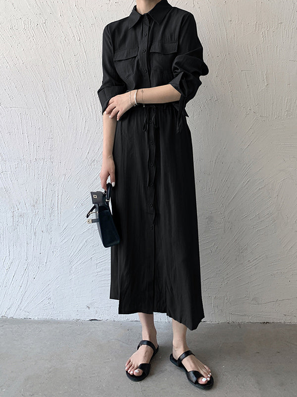Casual A-Line Long Sleeves Bandage Solid Color Lapel Collar Shirt Midi Dresses