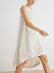Solid Color High-Low Loose Round-Neck Midi Dresses
