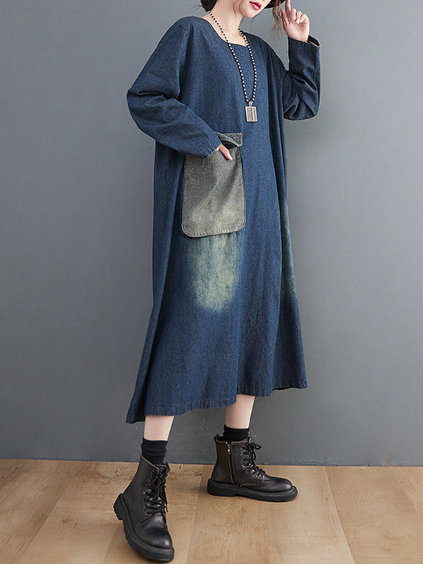Artistic Retro Loose Denim Applique Round-Neck Long Sleeves Midi Dress