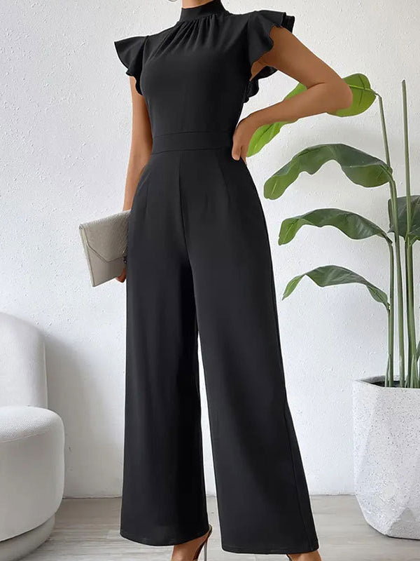 Pleated Ruffled Solid Color High Waisted Loose Mock Neck Jumpsuits