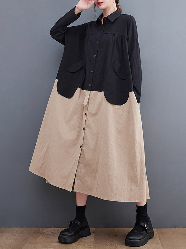 Original Loose Long Sleeves Buttoned Contrast Color Lapel Collar Midi Dresses