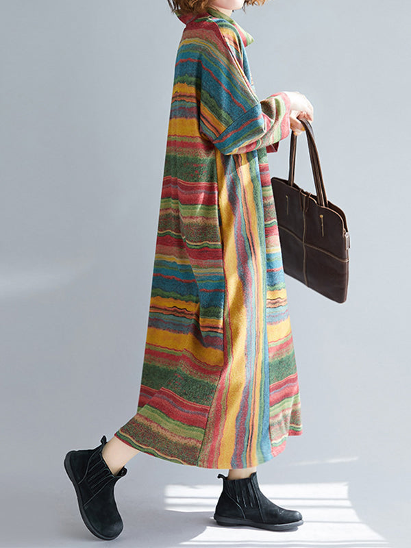 Asymmetric Striped A-Line Long Sleeves High Neck Midi Dresses