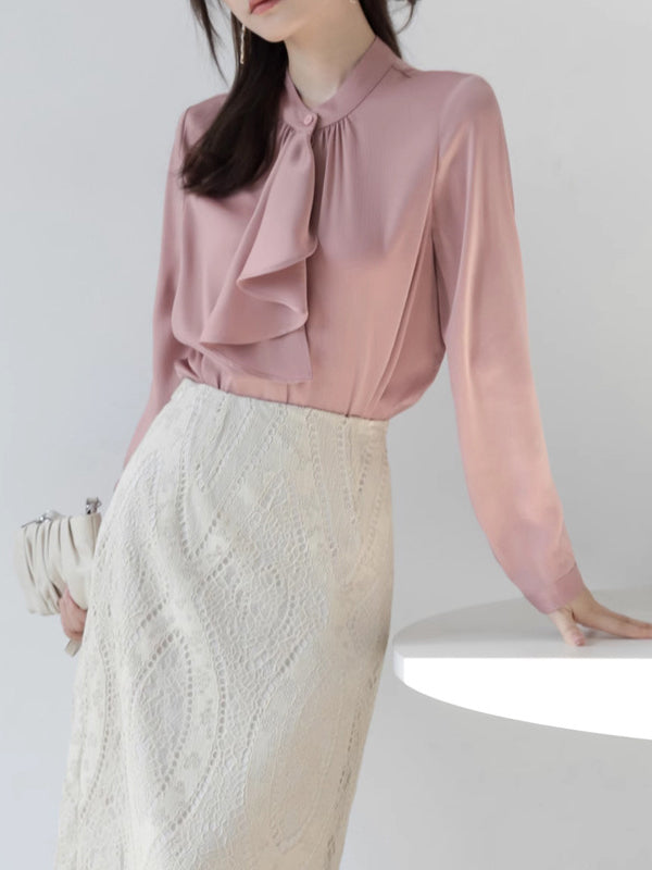 Buttoned Pleated Ribbon Solid Color Long Sleeves Loose Mock Neck Blouses&Shirts Tops