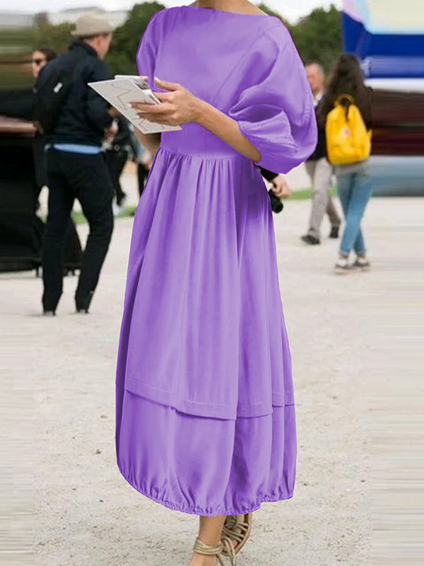 Elasticity Pleated Solid Color Split-Joint Zipper Half Sleeves Loose Boat Neck Maxi Dresses