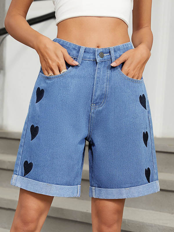 Buttoned Heart Print Pockets High Waisted Loose Jean Pants Bottoms Half Pants