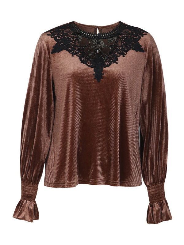 Elasticity Hollow Split-Joint Velvet Flared Sleeves Long Sleeves Round-Neck T-Shirts Tops