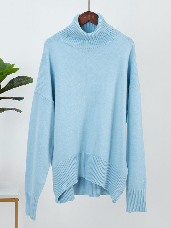 Casual Long Sleeves Loose Solid Color High-Neck Sweater Tops