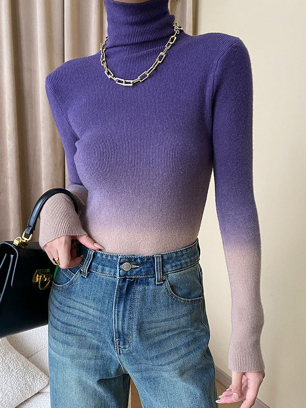 Gradient Long Sleeves Skinny High-Neck Sweater Tops Pullovers
