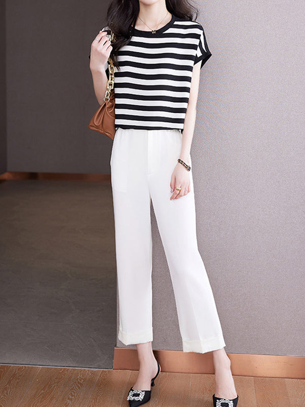 Contrast Color Striped Loose Plus Size Round-Neck T-Shirts