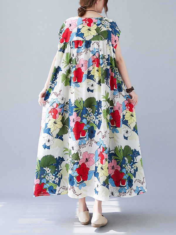 Original Loose Artistic Retro Floral Printed Pleated Midi Dress