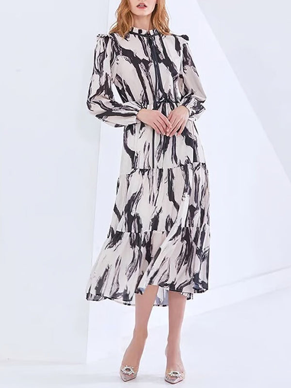 Elasticity Hollow Printed Split-Joint Tied Long Sleeves Loose Mock Neck Midi Dresses