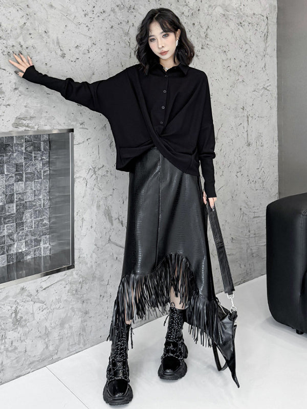 Buttoned Solid Color Twist Hipster Irregularity Lapel Collar Blouses&Shirts Tops