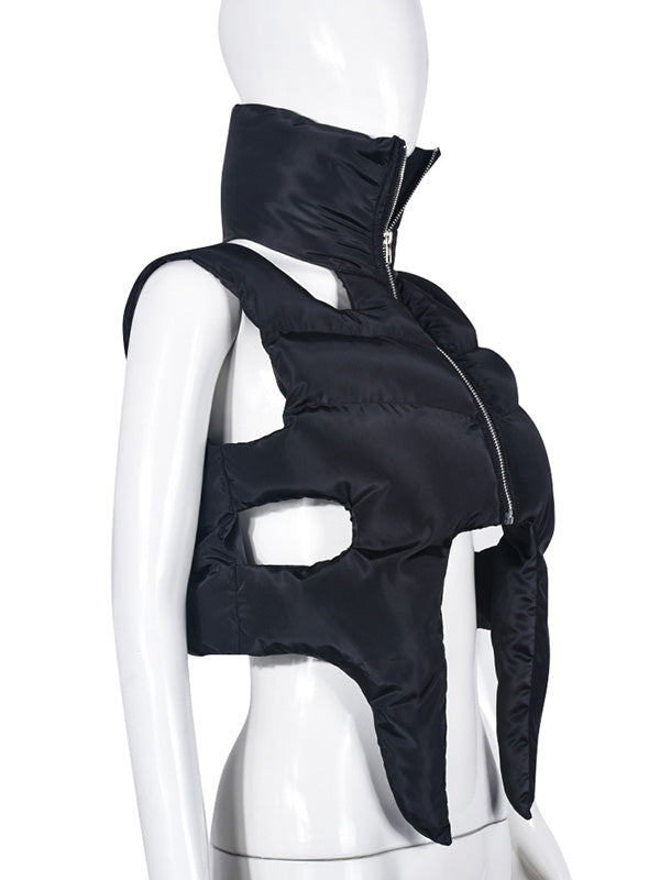 Hollow Solid Color Zipper Loose Sleeveless Stand Collar Padded Vest