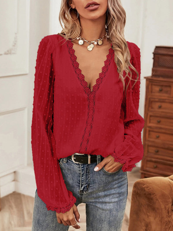 Elasticity Embroidered Solid Color Split-Joint Flared Sleeves Long Sleeves V-neck T-Shirts Tops