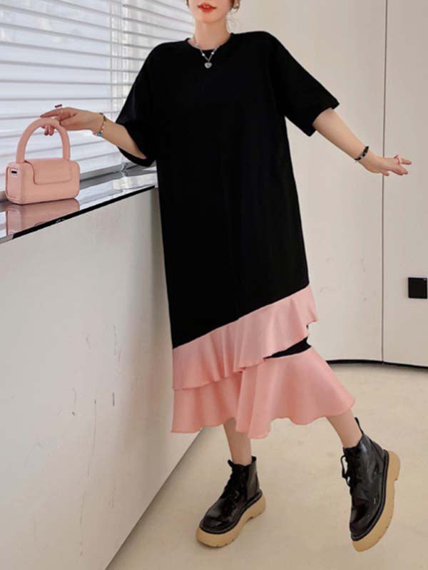 Casual Loose Short Sleeves Contrast Color Falbala Split-Joint Round-Neck Midi Dresses