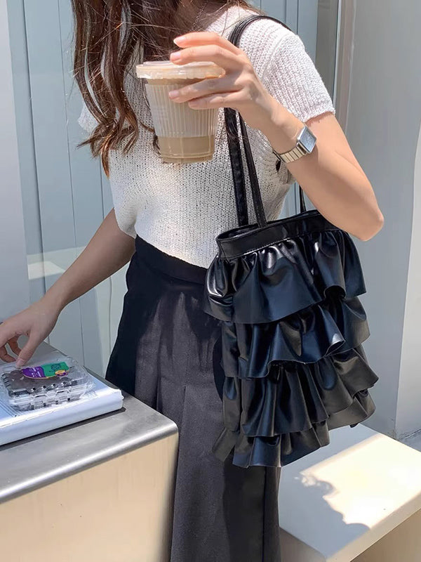 Layered Pleated Pockets Solid Color Zipper Handbags
