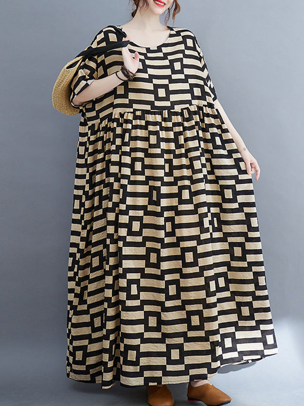 Plaid Loose Short Sleeves Round-Neck Midi Dresses