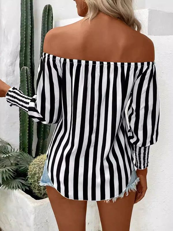Contrast Color Elasticity Split-Joint Striped Tied Waist Long Sleeves Loose Off-The-Shoulder Blouses&Shirts Tops