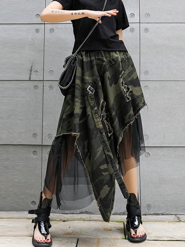 Asymmetric Camouflage Elasticity Fringed Mesh Split-Joint A-Line Loose Skirts Bottoms