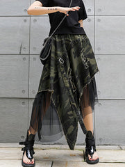 Asymmetric Camouflage Elasticity Fringed Mesh Split-Joint A-Line Loose Skirts Bottoms
