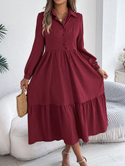 Pleated Ruffled Solid Color High Waisted Long Sleeves Lapel Shirt Dress Midi Dresses