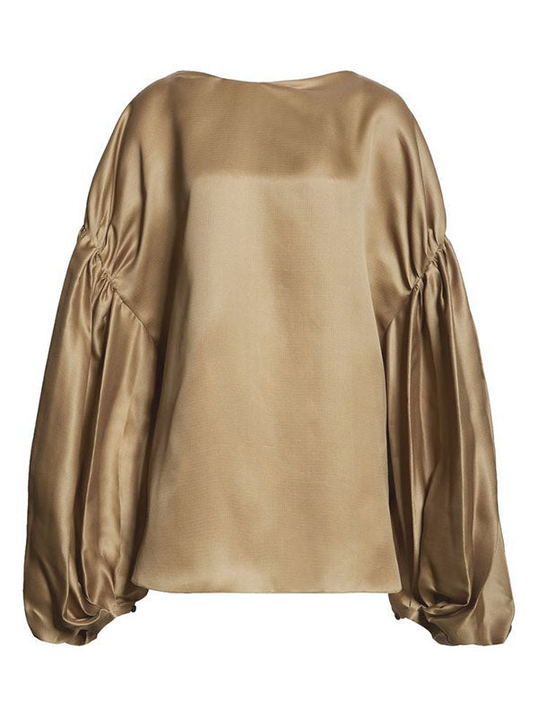 Elasticity Pleated Solid Color Split-Joint Long Sleeves Loose Round-neck Blouses&shirts Tops