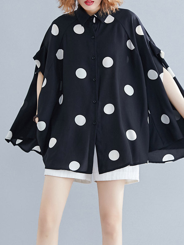 Buttoned Polka-Dot Batwing Sleeves Half Sleeves Lapel Blouses&Shirts Tops