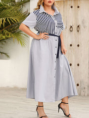 Buttoned Split-Joint Striped Tied Waist Loose Plus Size Lapel Shirt Dress Maxi Dresses