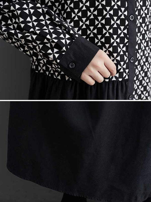 Asymmetric Buttoned Pleated Printed Split-Joint A-Line Long Sleeves Lapel Midi Dresses