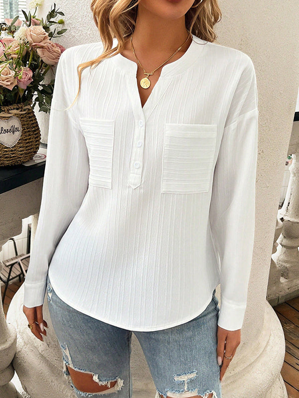 Buttoned Pockets Solid Color Long Sleeves Loose V-Neck Blouses&Shirts Tops