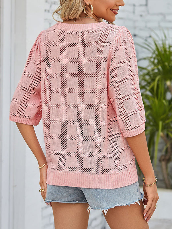Hollow Solid Color Loose Round-neck T-Shirts Tops