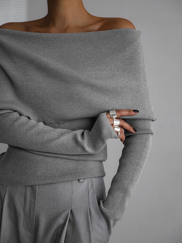Solid Color Long Sleeves Loose Off-The-Shoulder Sweater Tops Pullovers