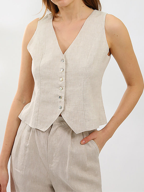 Solid Color Buttoned Deep V-Neck Sleeveless  Vest Top + Pleated Straight Leg Pants Bottom Two Pieces Set