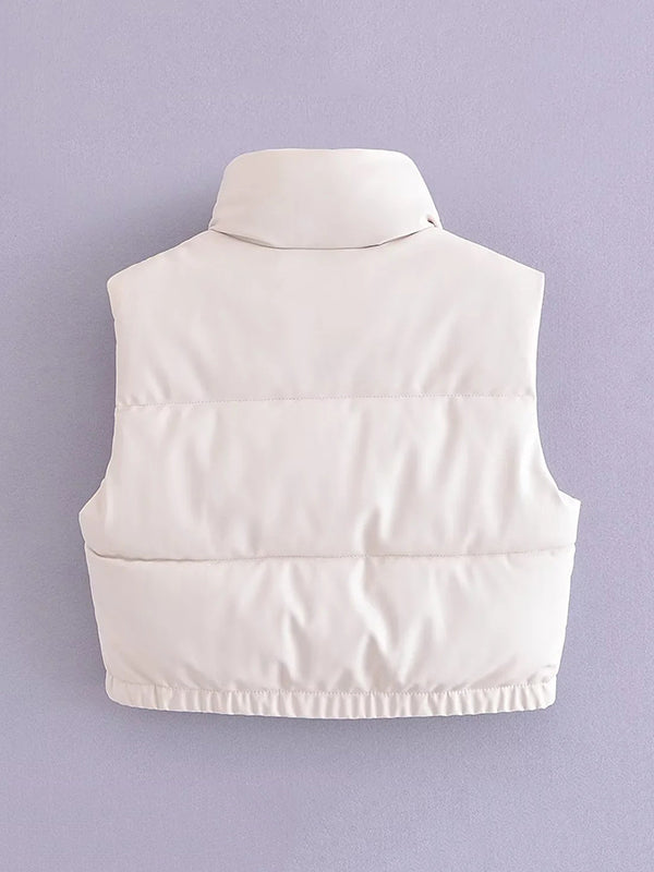Drawstring Elasticity Solid Color Split-Joint Zipper Skinny Sleeveless Stand Collar Padded Vest