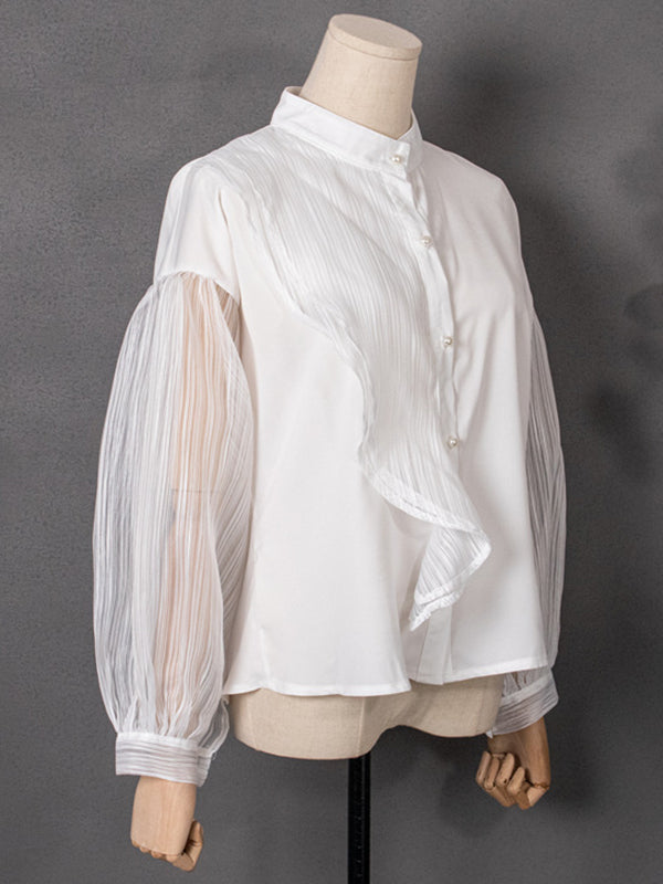 Asymmetric Buttoned See-Through Solid Color Split-Joint Long Sleeves Loose Stand Collar Blouses&shirts Tops