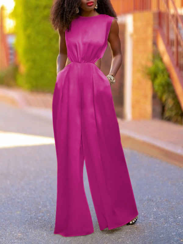 Hollow Solid Color Loose Wide Leg Round-neck Jumpsuits