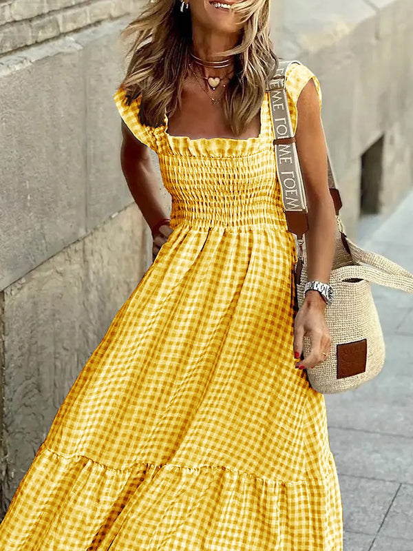 Elasticity Plaid Pleated Split-Joint Loose Sleeveless Square-Neck Maxi Dresses