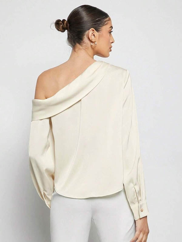 Pleated Solid Color Split-Joint Long Sleeves Skinny One-Shoulder Blouses&Shirts Tops