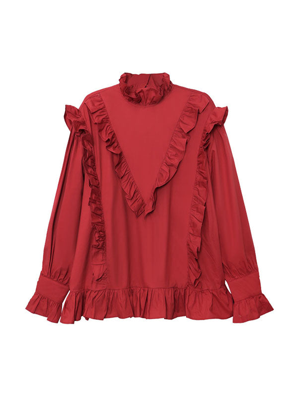 Buttoned Ruffled Solid Color Long Sleeves Loose Stand Collar Blouses&Shirts Tops