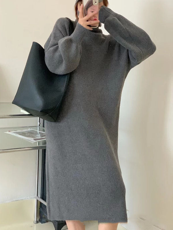Solid Color Long Sleeves Loose High Neck Sweater Dresses Midi Dresses