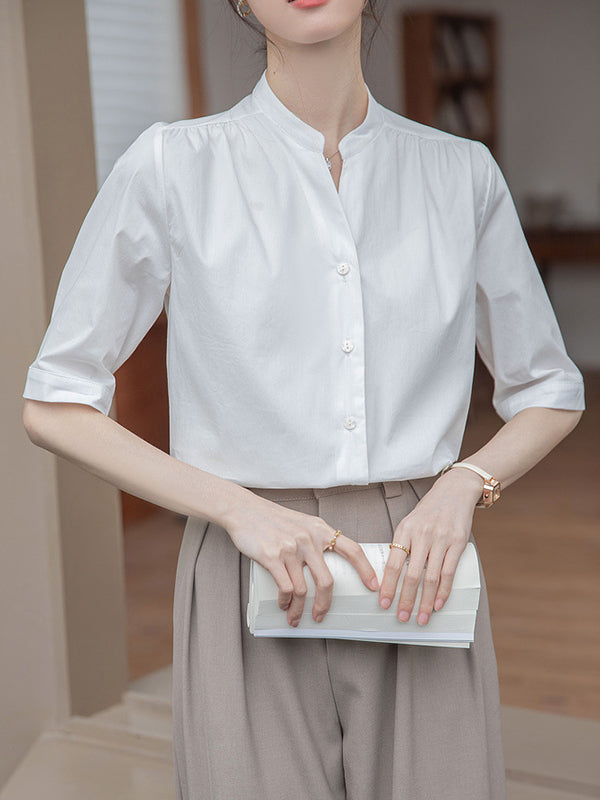 Buttoned Pleated Solid Color Split-Joint Half Sleeves Loose Stand Collar Blouses&Shirts Tops