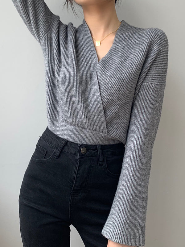 Asymmetric Solid Color Long Sleeves V-Neck Sweater Pullovers Knitwear