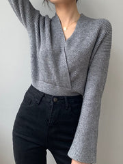 Asymmetric Solid Color Long Sleeves V-Neck Sweater Pullovers Knitwear