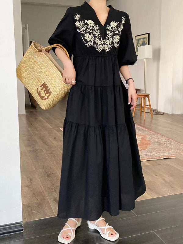 Embroidered Pleated Bishop Sleeve Loose V-neck Midi Dresses