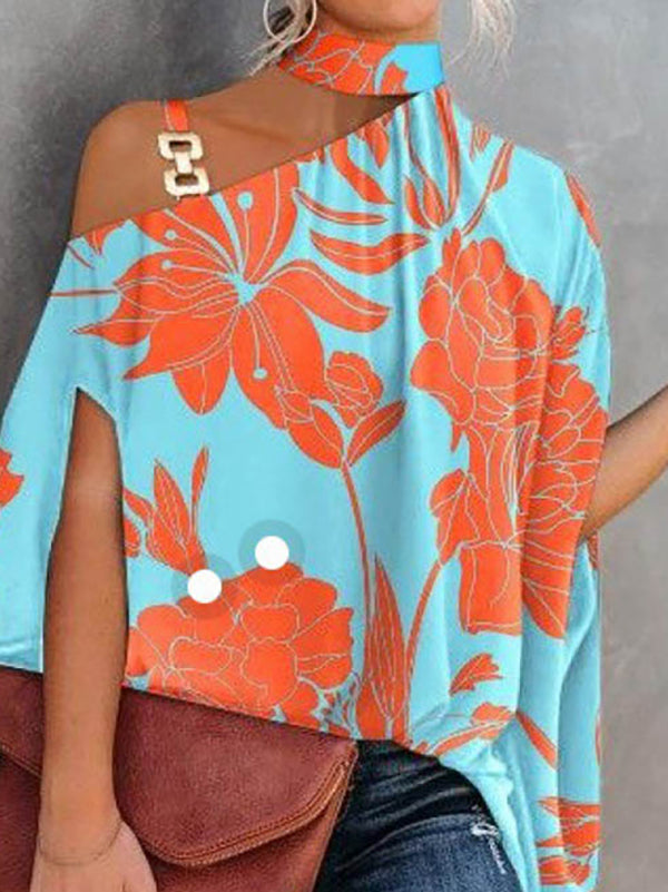 Asymmetric Chains Flower Print Hollow Batwing Sleeves Loose Asymmetric Collar T-Shirts Tops